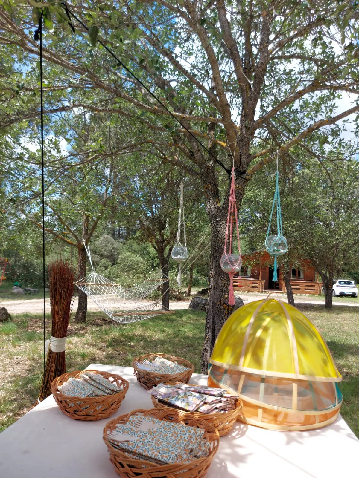 Boda en el campo en Cuenca. Cabañas Llano de los Conejos. Detalles de la decoración de las mesas.